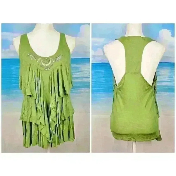 AMERICAN RAG Sleeveless GREEN Tank Top RUFFLE Layers Racerback STRETCH size Lg - Picture 1 of 6